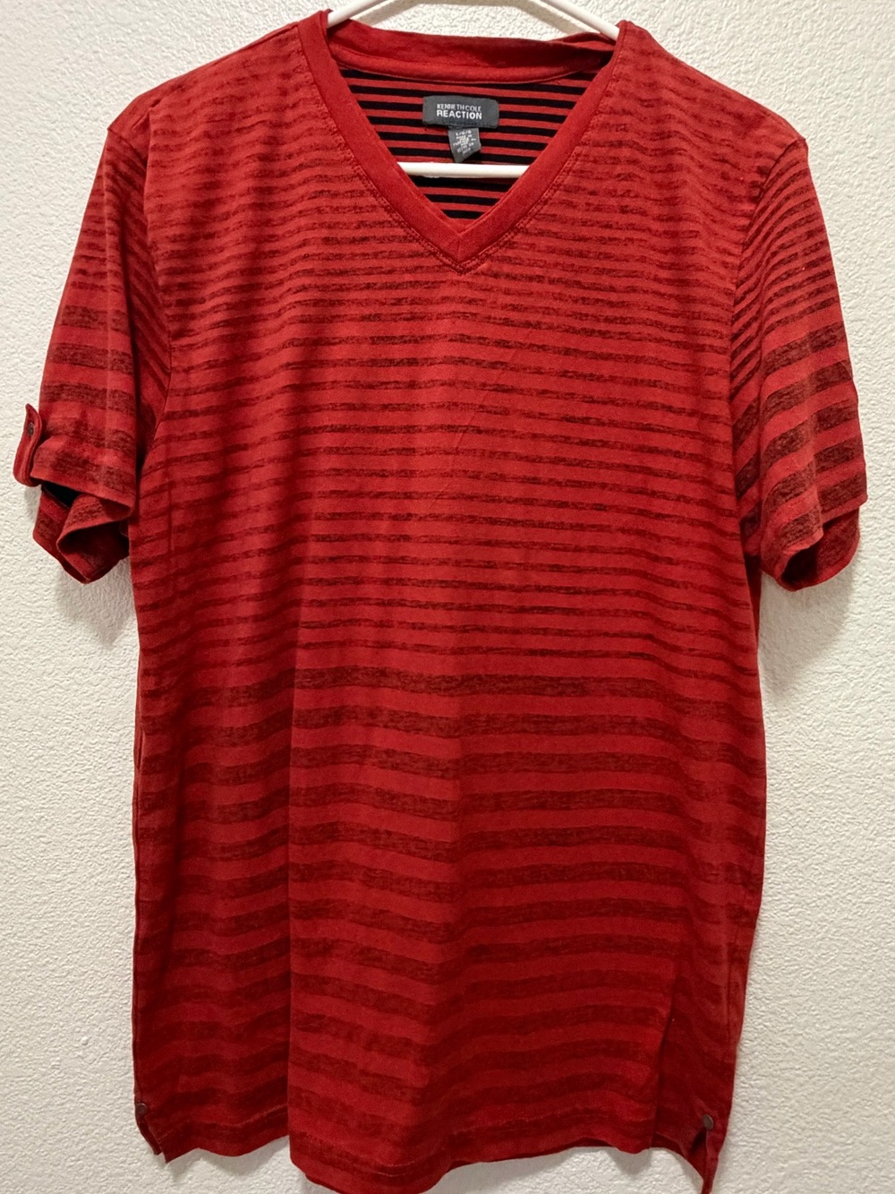 Kenneth Cole Reaction red and gray striped v-neck t-shirt